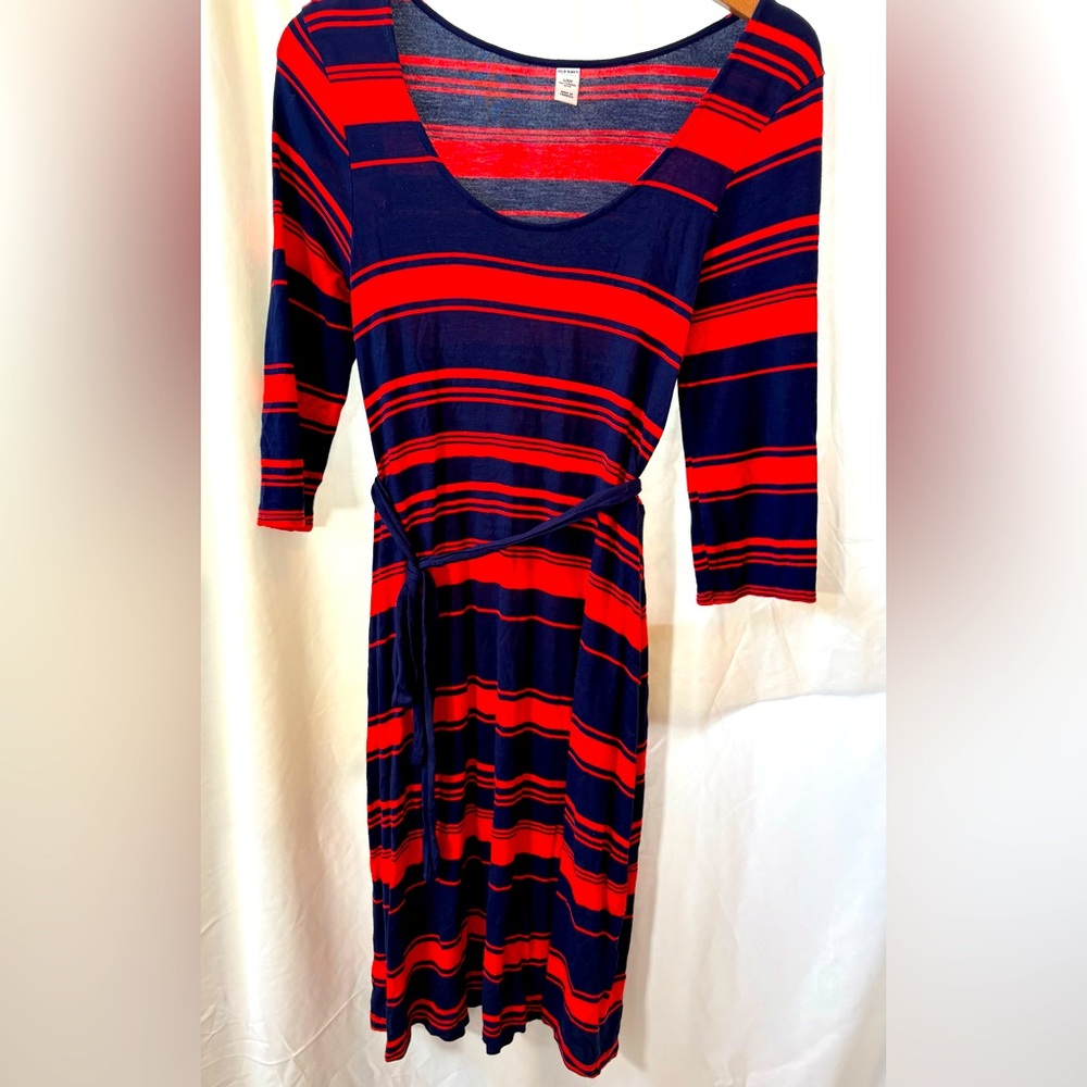 Old Navy Red Navy Blue Striped 3/4 Sleeve Shirt Dress Women's Size Small